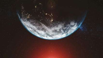Wall Mural - earth orbit planet skyline flare sun beam glow. cosmic bright sunlight radiance satellite view zoom 