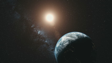 Wall Mural - earth orbit rotation sun beam milky way background. dark outer space starry galaxy cosmos constellat