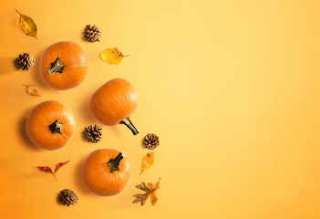 Wall Mural - autumn pumpkins with leaves - overhead view flat lay