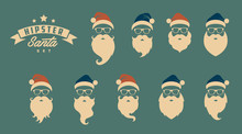 Vector Set Of Faces With Santa Hats, Mustache And Beards. Christmas Santa Design Elements. Holiday Icons 