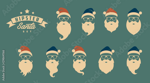 Cuadros en Lienzo Vector set of faces with Santa hats, mustache and beards