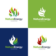 Wall Mural - set of nature energy logo design concept vector template. leaf with fire flame droplet shape logotyp