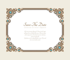 Vintage photo frame, save the date card with jewellery corner patterns, jewelry gold decoration with diamonds and emerald gems, wedding invitation template with place for text