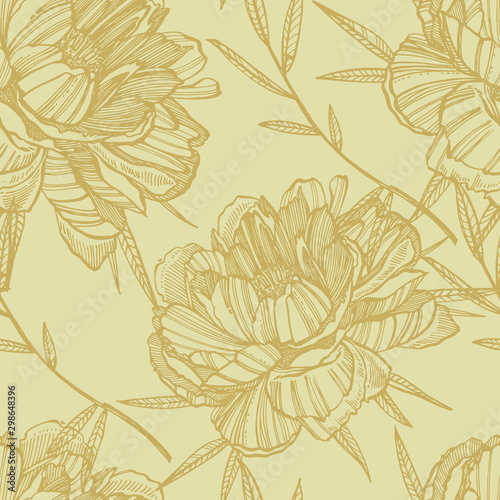 Peony flower and leaves drawing. Hand drawn engraved floral set. Botanical il...