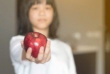 Asia Student Girl Child Holding Red Apple Super Fruit
