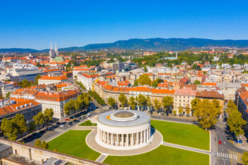 Wall Mural - Aerial drone view of Mestrovic pavilion, monumental art gallery and city centre on sunny summer day, Zagreb, Croatia