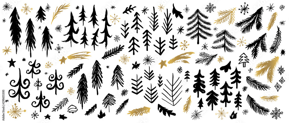 New Year, Christmas tree branches black brush strokes sketch markers pen. Christmas different stars frost snowflakes collection. Hand drawn vector illustration. - obrazy, fototapety, plakaty 