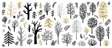 Tree Christmas Tree Bushes Forest Color Golden Brush Strokes Sketch Markers Pen. Floral Leaf Different Plants Bush Collection. Hand Drawn Vector Illustration.