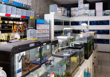 Large Assortment Of Goods For Aquarists And Bird Fanciers In Modern Pet Shop