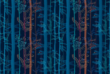 Magic Forest Seamless Pattern. Colorful Artistic Background With Trees. Creative Fantastic Print With Glow Effect.  It Can Be Used For Wallpaper, Textiles, Wrapping, Card. Vector , Eps10.  