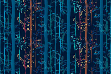 Magic forest seamless pattern. Colorful artistic background with trees. Creative fantastic print with glow effect.  It can be used for wallpaper, textiles, wrapping, card. Vector , eps10.  