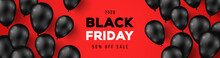 Black Friday Sale Horizontal Banner With Dark Shiny Balloons On Red Background With Place For Text. Vector Illustration.