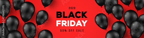 Fotomural Black Friday Sale Horizontal Banner with Dark Shiny Balloons on Red Background with Place for text