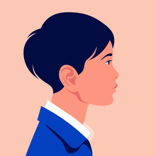 Head Of A Little Asian Boy In Profile. The Face Of A Child On The Side. Portrait. Avatar. Vector Flat Illustration