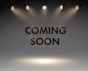 Wall Mural - coming soon with spotlight in grey background, studio lights. sale poster, ector illustration eps 10