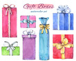 Watercolor set of colorful gift boxes. Hand drawn illustration.
