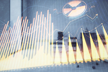 Stock market chart with trading desk bank office interior on background. Double exposure. Concept of financial analysis