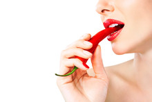Beautiful Woman Teeth Eating Red Hot Chili Pepper