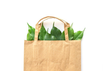 Wall Mural - Recycled brown paper shopping bag with handle and green leaves isolated on white background. Zero waste. Top view, flat lay, copy space.