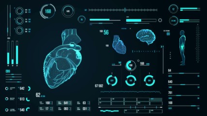 Human heart scan. Futuristic medical user interface with HUD and infographic elements. Virtual technology background. Head-up display template for business, games, motion design, web and app.