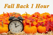 Fall Back 1 hour time change message with a retro alarm clock with pumpkins and fall leaves