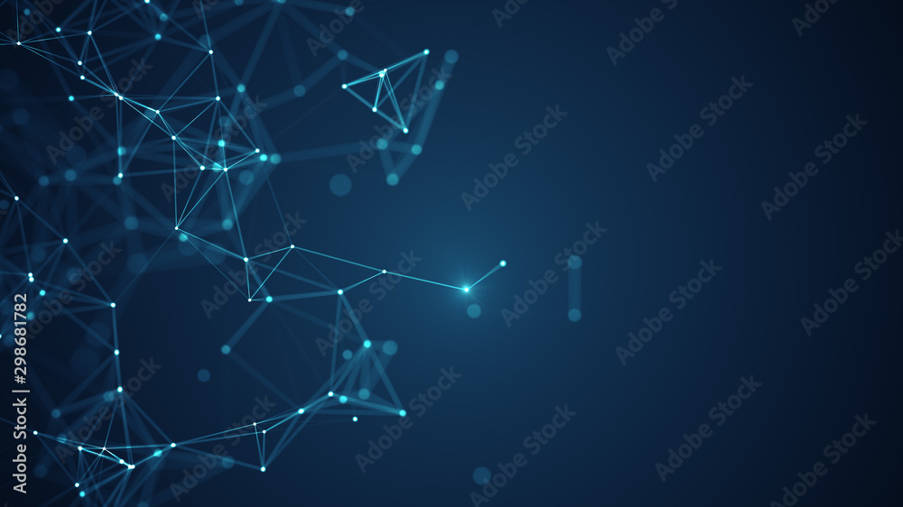 Abstract connected dots and lines on blue background. Communication and technology network concept with moving lines and dots. - obrazy, fototapety, plakaty 