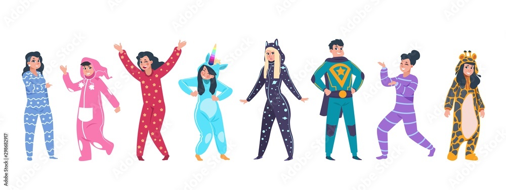 Pajamas characters. Happy cartoon persons in superhero and animal pajamas on evening with hood on pillow party. Vector funny costumes set with unicorn giraffe on white background - obrazy, fototapety, plakaty 