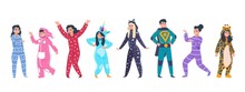 Pajamas Characters. Happy Cartoon Persons In Superhero And Animal Pajamas On Evening With Hood On Pillow Party. Vector Funny Costumes Set With Unicorn Giraffe On White Background