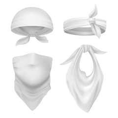 Realistic white bandana. Blank scarf and buff mockup, isolated handkerchief and face bandage template. Vector kerchief isolated cloth accessories for cowboy, pirate or biker