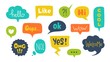 Speech bubbles with text. Hand drawn trendy design elements with grunge texture and rough edges. Vector illustration doodle colourful text banners set