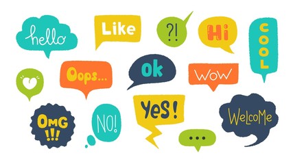 Aufkleber - Speech bubbles with text. Hand drawn trendy design elements with grunge texture and rough edges. Vector illustration doodle colourful text banners set