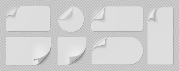Aufkleber - Curled pages and stickers. Round, square and rectangle flipped paper page, sticky banners with curled edges. Vector isolated illustration set blank template peel labels on transparent background