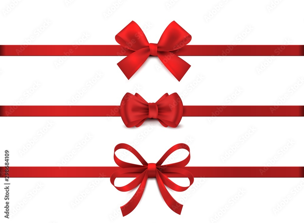 Red realistic bow. Horizontal red ribbon collection. Holiday gift decoration, valentine present tape knot, shiny sale ribbons set. Vector illustration christmas tie for gifts on white background - obrazy, fototapety, plakaty 