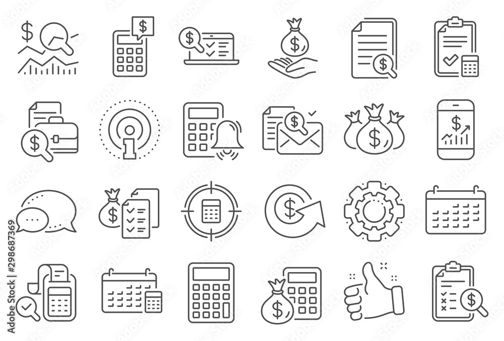 Accounting line icons. Set of Calculator, Check investment and Report icons. Calendar, Banking account and Finance accounting report document. Bill, Calculator and Wealth auditing. Vector - obrazy, fototapety, plakaty 