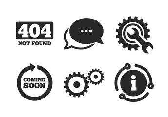 Poster - Repair service tool and gear symbols. Chat, info sign. Coming soon rotate arrow icon. Wrench sign. 404 Not found. Classic style speech bubble icon. Vector