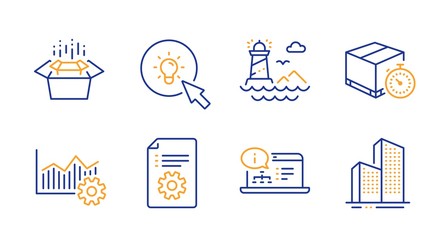 Poster - Operational excellence, Online documentation and Lighthouse line icons set. Technical documentation, Energy and Delivery timer signs. Packing boxes, Skyscraper buildings symbols. Vector
