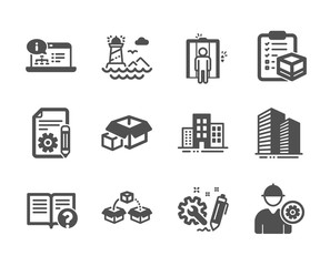 Poster - Set of Industrial icons, such as Engineer, Online documentation, Buildings, Parcel checklist, Lighthouse, Packing boxes, Elevator, Engineering, Skyscraper buildings, Documentation, Help. Vector