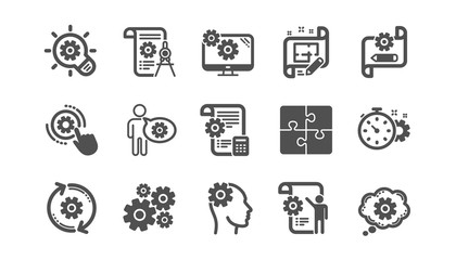 Poster - engineering icons. puzzle, dividers tool and architect plan. engineer classic icon set. quality set.