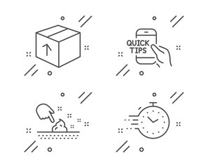 Poster - education, package and skin moisture line icons set. timer sign. quick tips, delivery pack, wet crea