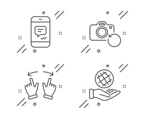 Poster - Move gesture, Recovery photo and Message line icons set. Safe planet sign. Swipe, Backup data, Phone messenger. Ecology. Business set. Line move gesture outline icon. Vector
