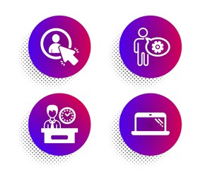 Poster - User, Presentation time and Cogwheel icons simple set. Halftone dots button. Laptop sign. Project manager, Report, Engineering tool. Computer. Technology set. Classic flat user icon. Vector