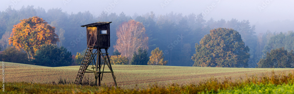 Hunting tower on the edge of the forest during a beautiful sunrise on a foggy morning - obrazy, fototapety, plakaty 