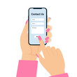 © Natty Blissful - Contact us web page concept banner, poster, template. Woman hand holding phone. Modern flat vector illustration design.