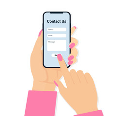 Wall Mural - contact us web page concept banner, poster, template. woman hand holding phone. modern flat vector i