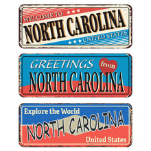 Vintage Tin Sign With America State North Carolina Retro Souvenir Or Postcard Template On Rust Background.