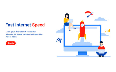 Small people with laptops use high speed fast Internet. Network wireless technology. Flat vector concept illustration for web page, banner, poster, template, layout, presentation. 