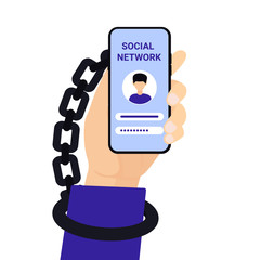 Wall Mural - internet, social media network addiction concept. man hand hold mobile phone and handcuffs.