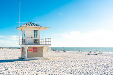 Lifeguard Tower On Clearwater Beach With Beautiful White Sand In Florida USA