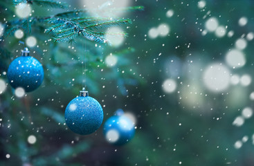 blue Christmas balls on Christmas tree branches background