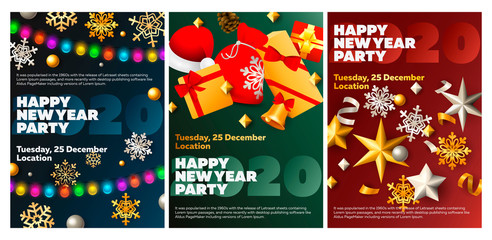 Happy New Year party blue, green, red banner set with gift bag